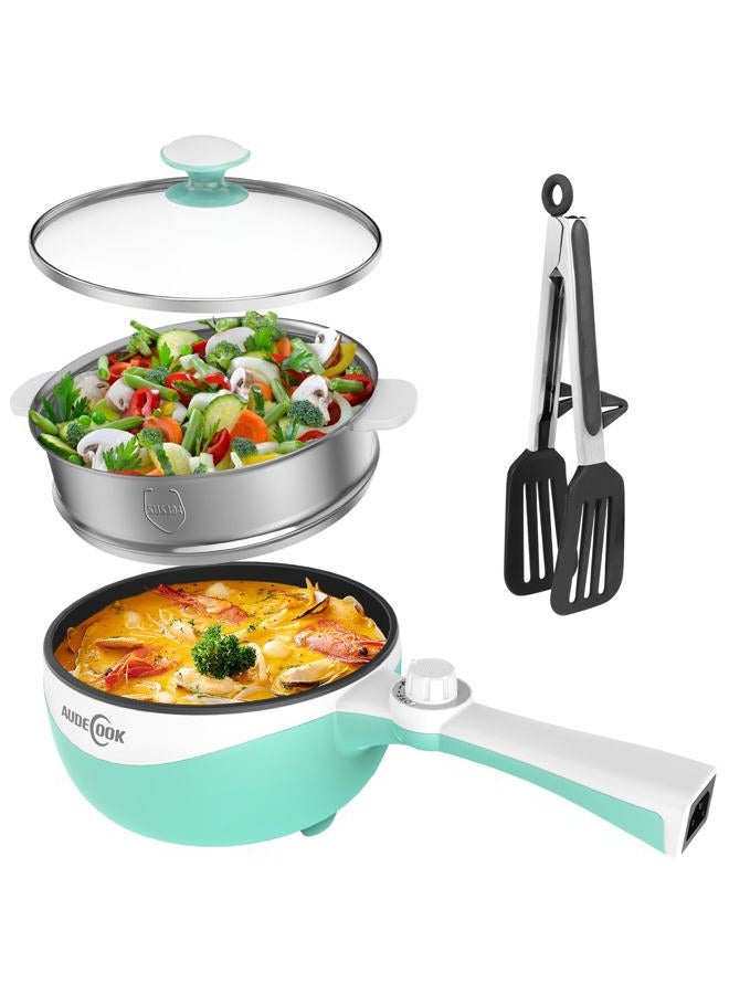 Audecook Hot Pot Electric, 1.7L Mini Electric Skillet Portable Nonstick Sauté Pan with Power Adjustment, Ramen Cooker Travel Multicooker for Steak/Soup/Egg/Oatmeal/Noodles (Tongs for Cooking Included) - Image 1